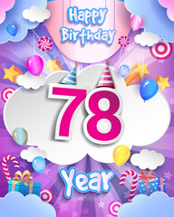78th Birthday Celebration greeting card Design, with clouds and balloons. Vector elements for anniversary celebration.