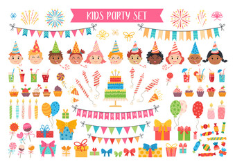 Kids party elements set. Flat birthday collection