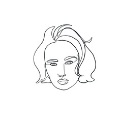 Minimal line vector woman. Linear glamour portrait woman. Hairstyle. Linear glamour logo in minimal style for beauty salon, beautician, makeup artist, stylist. Hand drawn art.