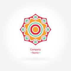 Bright, juicy beautiful circular logo for boutique, flower shop, business, interior. Company mark, emblem, element. Simple geometric mandala logotype. Kaleidoscope big bud. Surround abstract blossom.