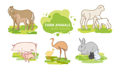 Vector set of farm animals. Pig, sheep, horse, rabbit, ostrich, mother and baby. Flat design.