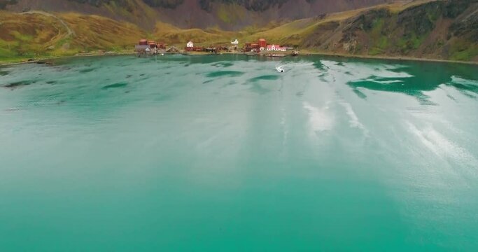 AERIAL Bay and old whaling station / Grytviken, South Georgia, British Overseas Territory