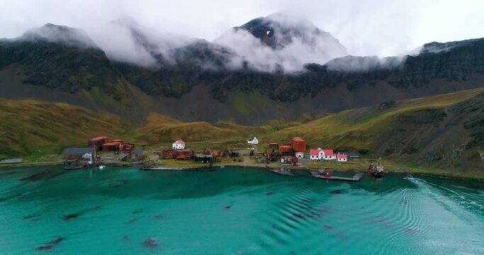 AERIAL Bay and old whaling station / Grytviken, South Georgia, British Overseas Territory