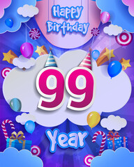 99th Birthday Celebration greeting card Design, with clouds and balloons. Vector elements for anniversary celebration.