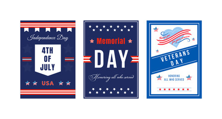 American national holiday poster flat vector templates set