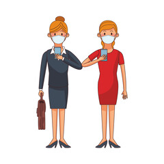 young women wearing medical masks using technology characters