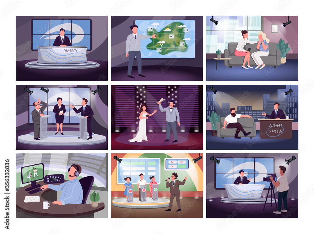 Poster television programming flat color vector illustrations set