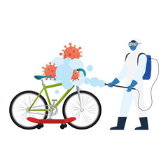 Man with protective suit spraying bike and skateboard with covid 19 virus design, Disinfects clean and antibacterial theme Vector illustration