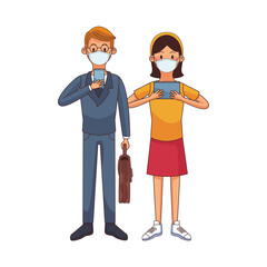 young couple wearing medical mask using technology characters