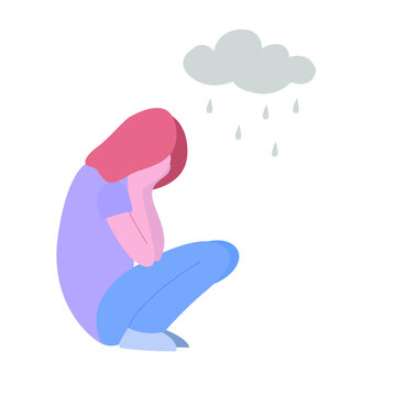 A Young Girl Sits And Is Sad. Cloud With Raindrops. Concept Illustration Of Depression, Insomnia, Frustration, Loneliness, Problems. Vector Flat Cartoon Illustration.