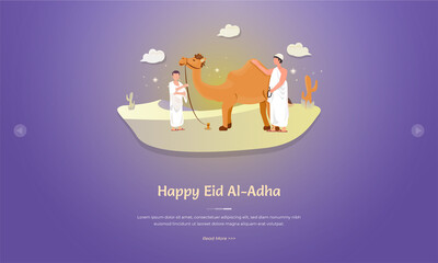 Eid al Adha greeting concept with muslims and camels character