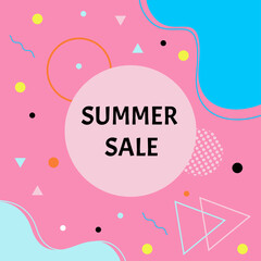 Summer special offer banner with geometric elements in memphis style.