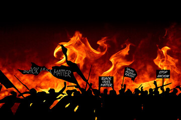 Black Lives Matter, a socio-political movement that is fighting for a better integration of minorities in the American USA US society and the stop of police brutality turns into riot and chaos - obrazy, fototapety, plakaty