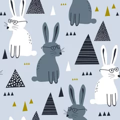  Konijntjes met bril, met de hand getekende achtergrond. Kleurrijk naadloos patroon met dieren. Decoratief schattig behang, goed om te bedrukken. Overlappende achtergrond vector. Ontwerp illustratie, konijnen © Talirina