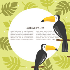 Illustration with toucans, palm leaves and place for text, poster design. Colorful background vector. Cartoon wallpaper. Hand drawn backdrop, birds