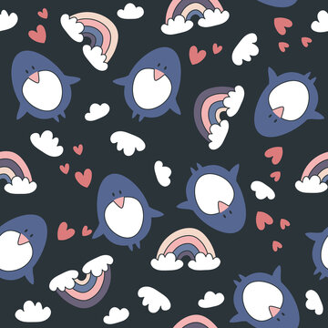 Penguins, hand drawn backdrop. Colorful seamless pattern with birds, rainbow, clouds, hearts. Decorative cute wallpaper, good for printing. Overlapping colored background vector. Design illustration