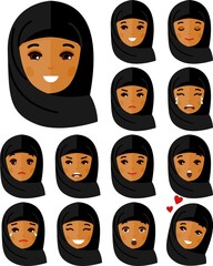 Set of different avatar arab female people in colorful flat style.