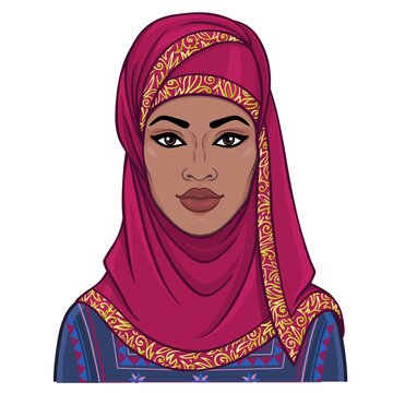 Animation portrait of the beautiful  black woman in a red scarf. Color drawing. Vector illustration isolated on a white background.Template for use.