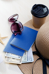 Back to travel concept. Vacation accessories, documents, passports and money.