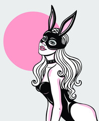 Animation portrait of the beautiful girl in a mask of a rabbit. Color drawing. Template for erotic content. Vector illustration isolated on a grey background.