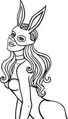 Animation portrait of the beautiful girl in a mask of a rabbit. Monochrome drawing. Template for erotic content. Vector illustration isolated on a white background. Be used for coloring book.