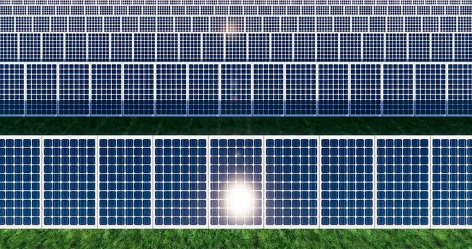 Solar panel in solar farm. Also called photovoltaic or PV module. That is technology to generate  electrical power or direct current electricity. 3d render seamless looping, aerial top view,  forward.