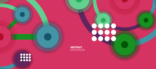 Flat style geometric abstract background, round dots or circle connections on color background. Technology network concept.