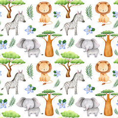 Seamless watercolor animal pattern with cute baby elephant, lion, leopard, trees, flowers and plants. Hand-painted illustrated safari repeatable digital paper for nursery, fabric and other purposes.