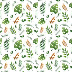Watercolor seamless pattern with cute African leaves in color green and brown. Hand-drawn safari repeatable background for scrapbooking, wrapping paper, wall paper and other design purposes. © PaperAndTater