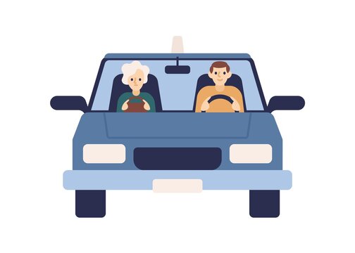 Male driver and female passenger ride at car together vector flat illustration. Woman use taxi service front view isolated on white background. People sitting at automobile cabin during motion