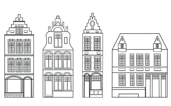 Set of European houses in the sketch style.Postcard background in black, white.Scandinavian city. Sketch for anti-stress adult coloring book in zen-tangle style. Vector illustration for coloring page 