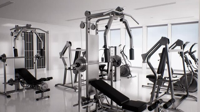 empty gym and fitness equipment, fitness club interior concept, 3d render video animation