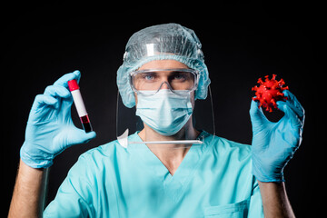 Closeup photo of doc virologist guy hold covid bacteria virus vaccination research blood probe...