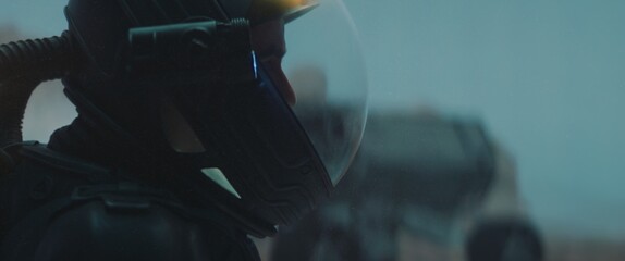Caucasian female astronaunt wearing a space suit exploring planet surface, night shot © supamotion