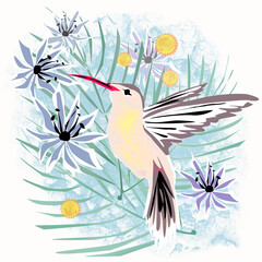 Hummingbird bird on a background of flowers and palm leaves. Isolated background.