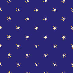 Stars in space vector seamless pattern background. Golden hand drawn celestial planets indigo backdrop. Conceptual geometric space object design. All over print for Christmas celebration packaging