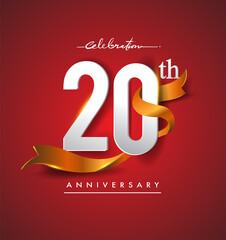 20th anniversary logotype with golden ribbon isolated on red elegance background, vector design for birthday celebration, greeting card and invitation card.