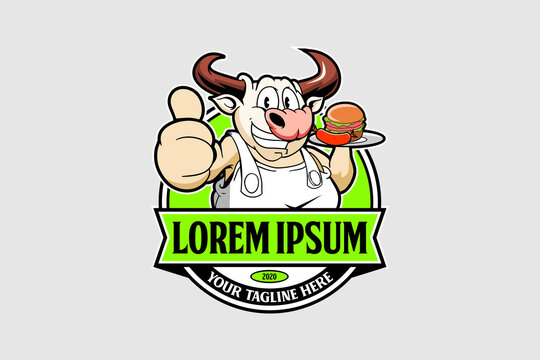 chef bull animal cartoon character with food logo