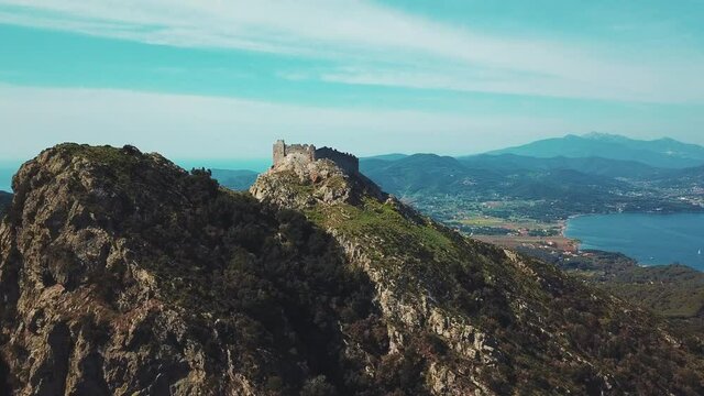 AERIAL WS Mountain landscape with ruins / Elba island, Tuscany, Italy