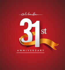 31st anniversary logotype with golden ribbon isolated on red elegance background, vector design for birthday celebration, greeting card and invitation card.