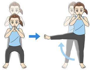 サイドキックスクワット／正面／右足／動作／2段階