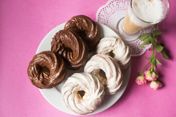 Chocolate donuts, sweet sugar dessert concept