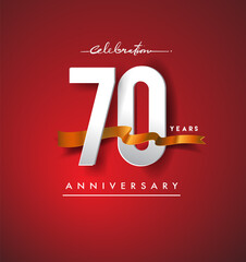 70th anniversary logotype with golden ribbon isolated on red elegance background, vector design for birthday celebration, greeting card and invitation card.