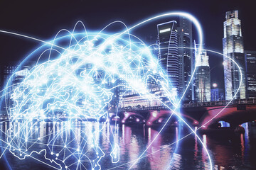 Double exposure of business theme hologram drawing and city veiw background. Concept of success.