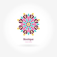 Bright, juicy beautiful circular logo for boutique, flower shop, business, interior. Company mark, emblem, element. Simple geometric mandala logotype. Kaleidoscope big bud. Surround abstract blossom.