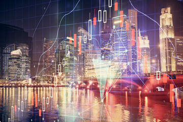 Financial chart on city scape with tall buildings background multi exposure. Analysis concept.