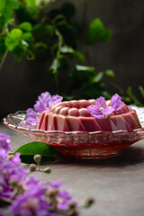 Brown gelatin jelly dessert with purple flowers vintage countryside style decoration