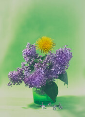 simple still life with lilac in a glass green glass with a single Daisy green and white background