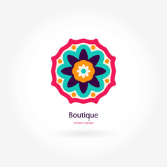 Bright, juicy beautiful circular logo for boutique, flower shop, business, interior. Company mark, emblem, element. Simple geometric mandala logotype. Kaleidoscope big bud. Surround abstract blossom.
