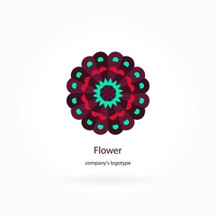 Bright, juicy beautiful circular logo for boutique, flower shop, business, interior. Company mark, emblem, element. Simple geometric mandala logotype. Kaleidoscope big bud. Surround abstract blossom.